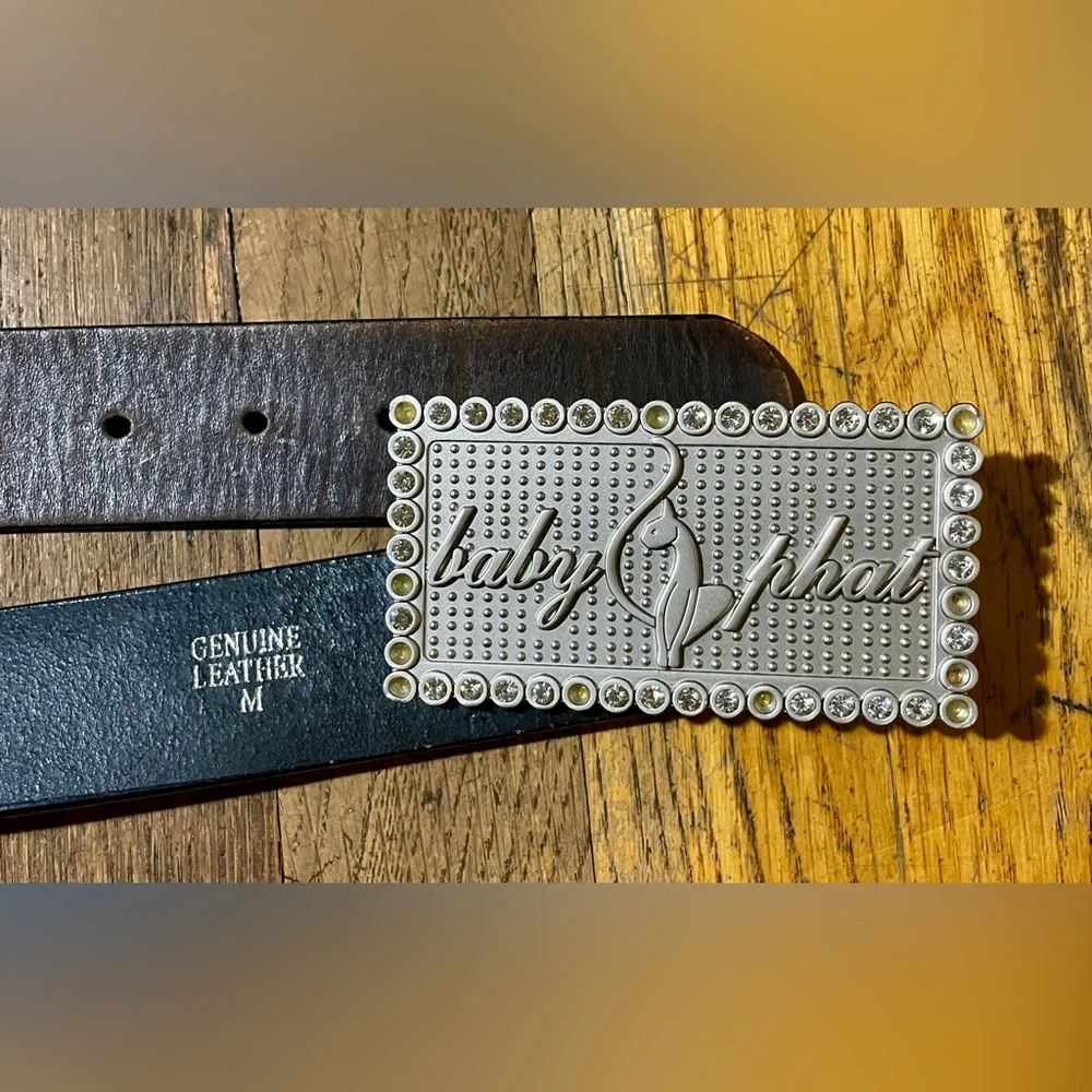 Baby Phat Rhinestone Buckle Leather Belt Brown Medium Y2K Casual Western Boho